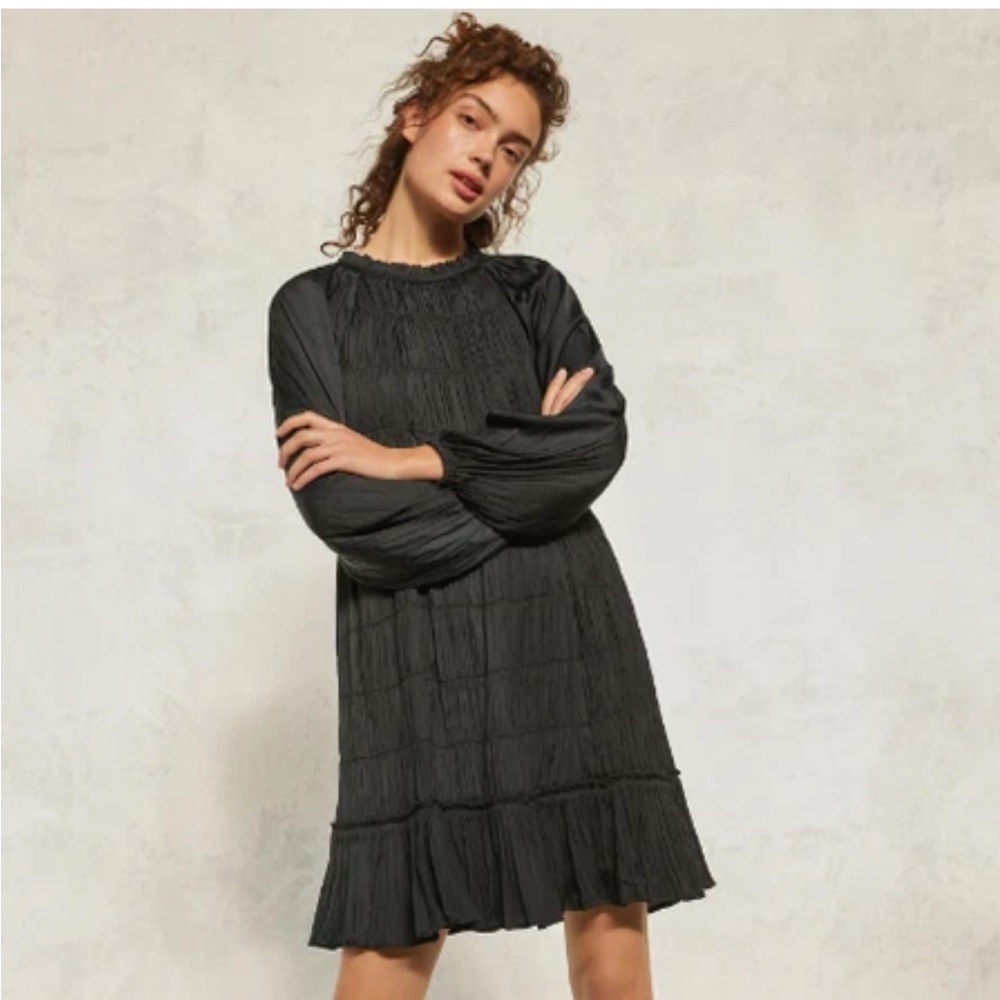 Anthropologie Maeve “Tasha” Black Smocked Satin Mini Dress - Size Medium